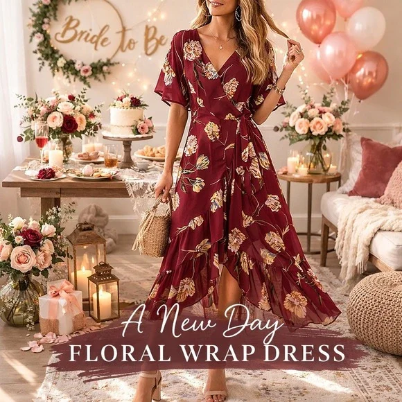 A New Day Womens Burgundy Floral Wrap High-Low Ruffle Midi Dress Large L Garden - Picture 1 of 16